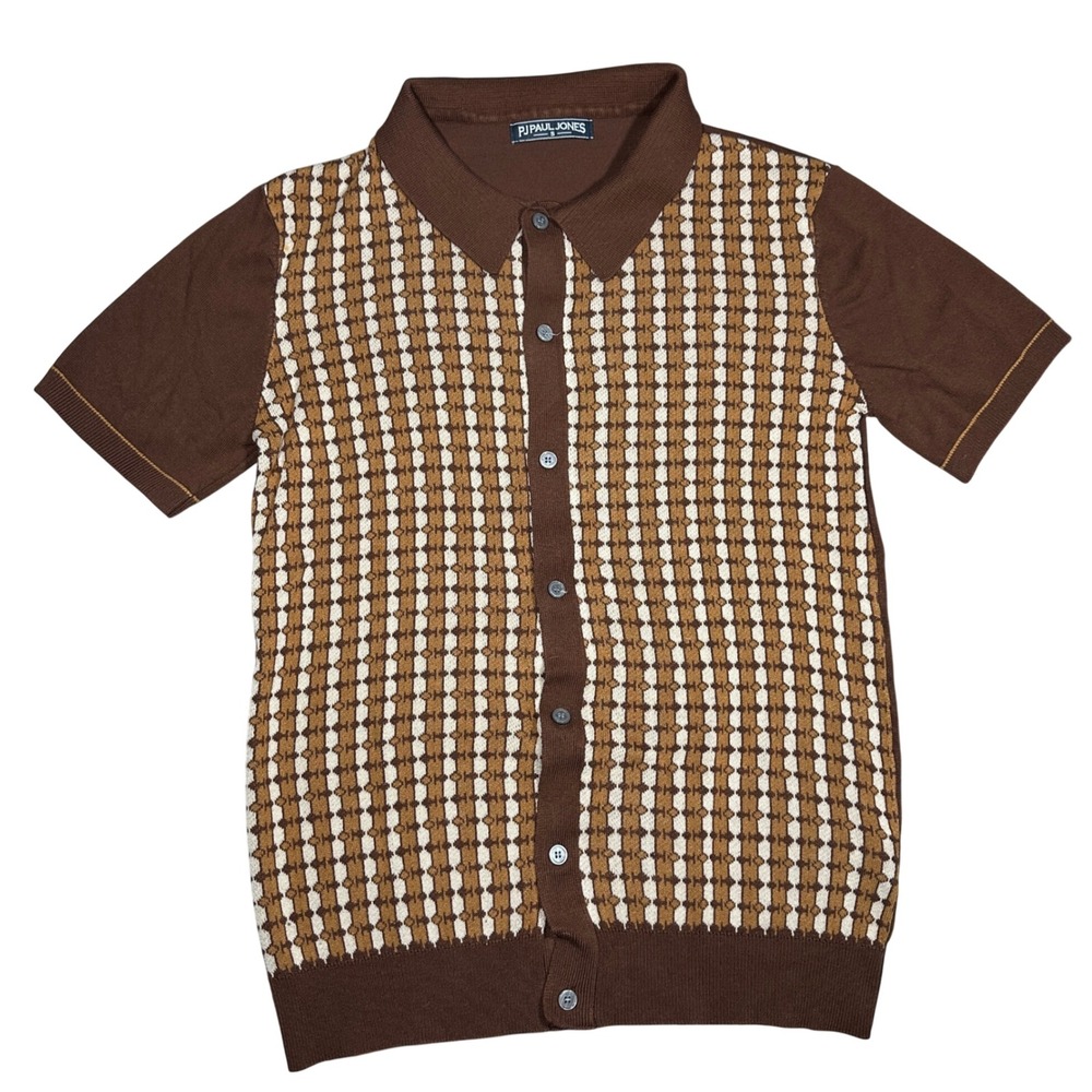 PJ Paul Jones Mens Small Brown Geometric Knit Button Down Polo Shirt Retro Style